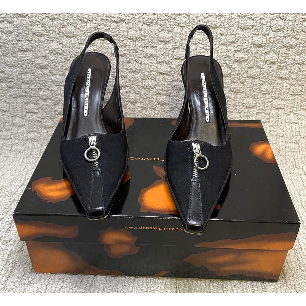 Donald Pliner Slingback Shoes Womens 6.5 Black Silk Shoes Silver Zip Heels Box